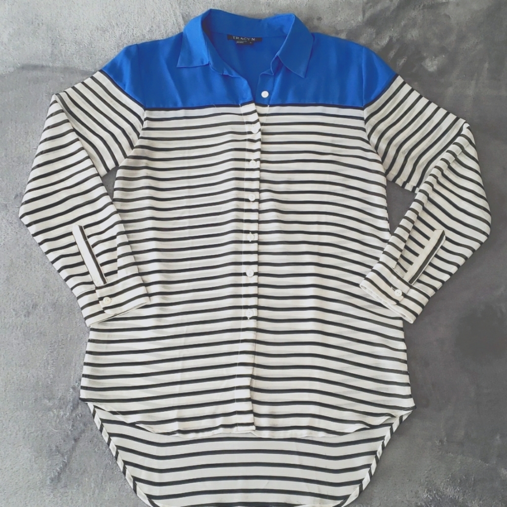 Tracy M. Sheer Colorblock Button-Up Striped High-… - image 1